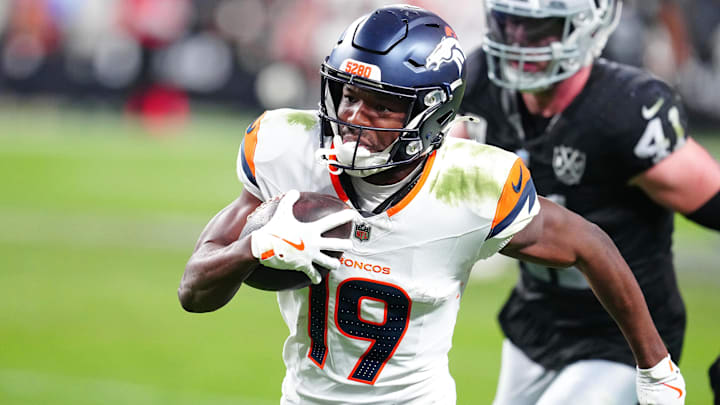 Nov 24, 2024; Paradise, Nevada, USA; Denver Broncos wide receiver Marvin Mims Jr. (19) gains yardage against the Las Vegas Raiders during the fourth quarter at Allegiant Stadium. Nov 24, 2024; Paradise, Nevada, USA; Denver Broncos wide receiver Marvin Mims Jr. (19) gains yardage against the Las Vegas Raiders during the fourth quarter at Allegiant Stadium.