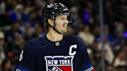 Nov 3, 2024; New York, New York, USA; New York Rangers defenseman Jacob Trouba (8) during the second period against the New York Islanders at Madison Square Garden. Mandatory Credit: Danny Wild-Imagn Images