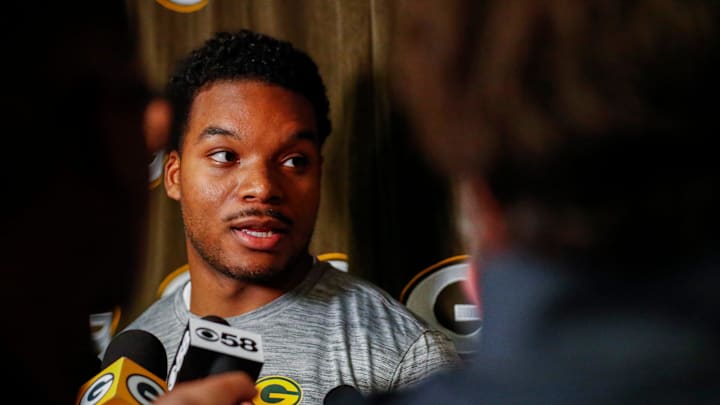 Green Bay Packers rookie linebacker Collin Oliver is interviewed by the media during rookie minicamp on Friday, May 2, 2025, at Lambeau Field in Green Bay, Wisconsin. The Packers selected Oliver with their fifth round pick in the 2025 NFL Draft.
Tork Mason/USA TODAY NETWORK-Wisconsin