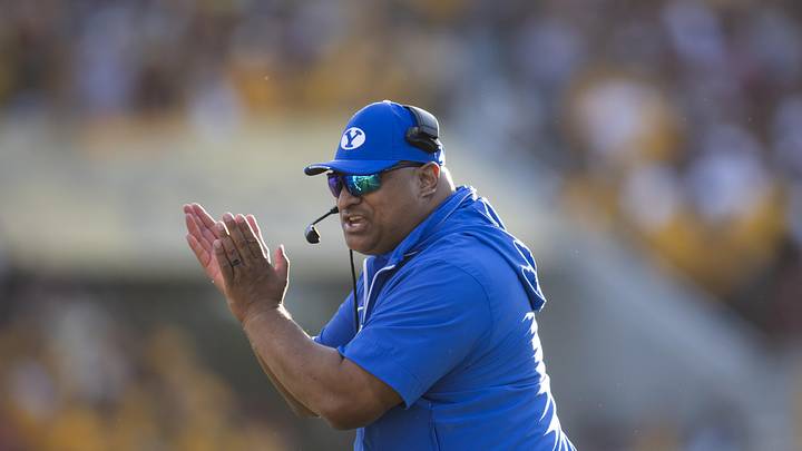 Nov 23, 2024; Tempe, Arizona, USA; Brigham Young Cougars head coach Kalani Sitake against the Arizona State Sun Devils at Mountain America Stadium. Mandatory Credit: Mark J. Rebilas-Imagn Images
