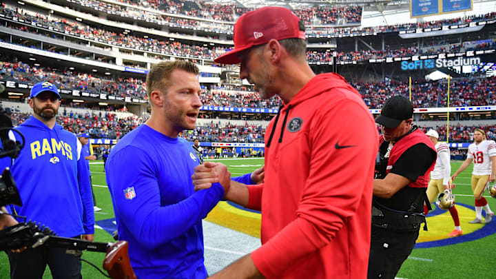 Oct 30, 2022; Inglewood, California, USA; Los Angeles Rams head coach Sean McVay meets with San Francisco 49ers head coach Kyle Shanahan following the game at SoFi Stadium. Mandatory Credit: Gary A. Vasquez-Imagn Images Oct 30, 2022; Inglewood, California, USA; Los Angeles Rams head coach Sean McVay meets with San Francisco 49ers head coach Kyle Shanahan following the game at SoFi Stadium. Mandatory Credit: Gary A. Vasquez-Imagn Images
