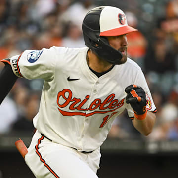 Sep 3, 2024; Baltimore, Maryland, USA;  Baltimore Orioles outfielder Colton Cowser (17) runs out a first inninrbi single against the Chicago White Sox at Oriole Park at Camden Yards. 