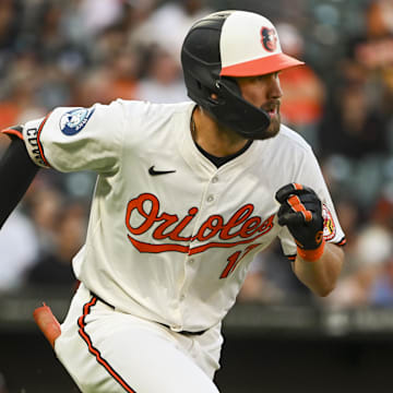 Sep 3, 2024; Baltimore, Maryland, USA;  Baltimore Orioles outfielder Colton Cowser (17) runs out a first inninrbi single against the Chicago White Sox at Oriole Park at Camden Yards.