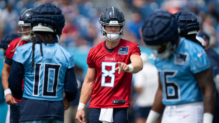 Tennessee Titans quarterback Will Levis talks with his receivers during warmups at Nissan Stadium in Nashville, Tenn., Saturday, July 27, 2024. The Titans hosted Back Together Weekend to allow fans to get a look at the retooled team.