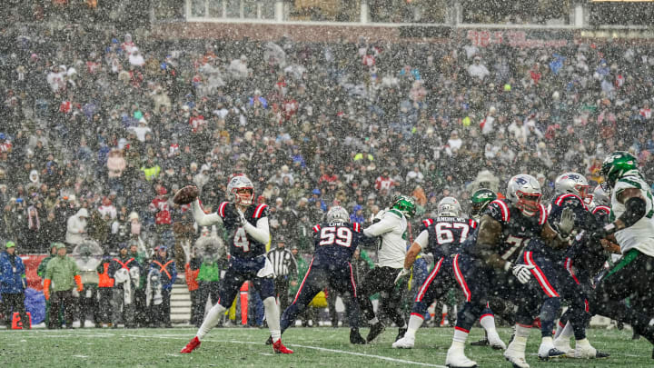 Jan 7, 2024; Foxborough, Massachusetts, USA; New England Patriots quarterback Bailey Zappe (4)