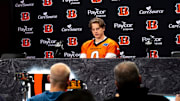 Cincinnati Bengals quarterback Joe Burrow speaks at a press conference at Paycor Stadium in Cincinnati on Nov. 25, 2025.