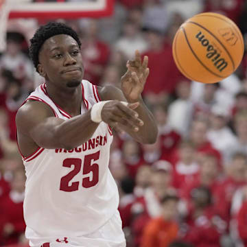 Wisconsin guard John Blackwell (25) passes the ball during the second half of their game against Campbell Monday, November 3, 2025 at the Kohl Center in Madison, Wisconsin.