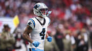 Nov 16, 2025; Atlanta, Georgia, USA; Carolina Panthers wide receiver Tetairoa McMillan (4) looks on during the second quarter against the Atlanta Falcons at Mercedes-Benz Stadium. Mandatory Credit: Brett Davis-Imagn Images