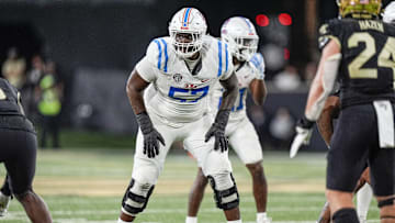 Sep 14, 2024; Winston-Salem, North Carolina, USA;  Mississippi Rebels offensive lineman Micah Pettus (57) during the second half against the Wake Forest Demon Deacons at Allegacy Federal Credit Union Stadium. Mandatory Credit: Jim Dedmon-Imagn Images