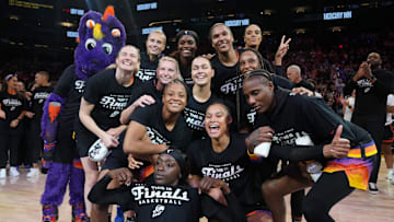 The Phoenix Mercury celebrate their 86-81 WNBA semifinal playoff series win over the Minnesota Lynx at PHX Arena on Sept. 28, 2025.