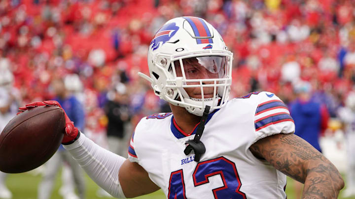 Oct 16, 2022; Kansas City, MO; Buffalo Bills linebacker Terrel Bernard (43) warms up against the Kansas City Chiefs prior to the game at GEHA Field at Arrowhead Stadium.  