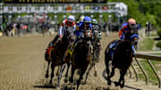 May 17, 2025; Baltimore, Maryland, USA;  Varney (3) with Flavien Prat up and Energize (4) with Jose L. Ortiz up leads the pack into turn one of the running of the Race 3 - the Maiden Special Weight Mandatory Credit: Tommy Gilligan-Imagn Images