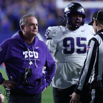 Nov 15, 2025; Provo, Utah, USA; Texas Christian University Horned Frogs head coach Sonny Dykes reacts to a call for the BYU Cougars during the second half at LaVell Edwards Stadium. Mandatory Credit: Rob Gray-Imagn Images