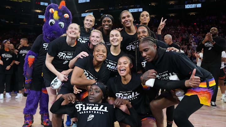 The Phoenix Mercury celebrate their 86-81 WNBA semifinal playoff series win over the Minnesota Lynx at PHX Arena on Sept. 28, 2025. The Phoenix Mercury celebrate their 86-81 WNBA semifinal playoff series win over the Minnesota Lynx at PHX Arena on Sept. 28, 2025.