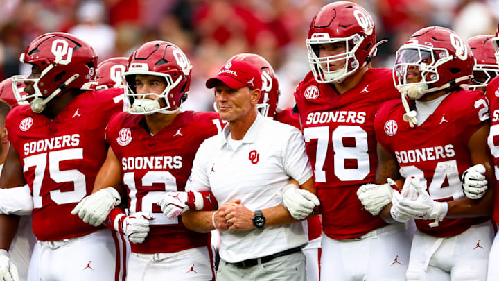 Aug 30, 2025; Norman, Oklahoma, USA;  Oklahoma Sooners head coach Brent Venables walks with his team before the game against the Illinois State Redbirds at Gaylord Family-Oklahoma Memorial Stadium. Mandatory Credit: Kevin Jairaj-Imagn Images