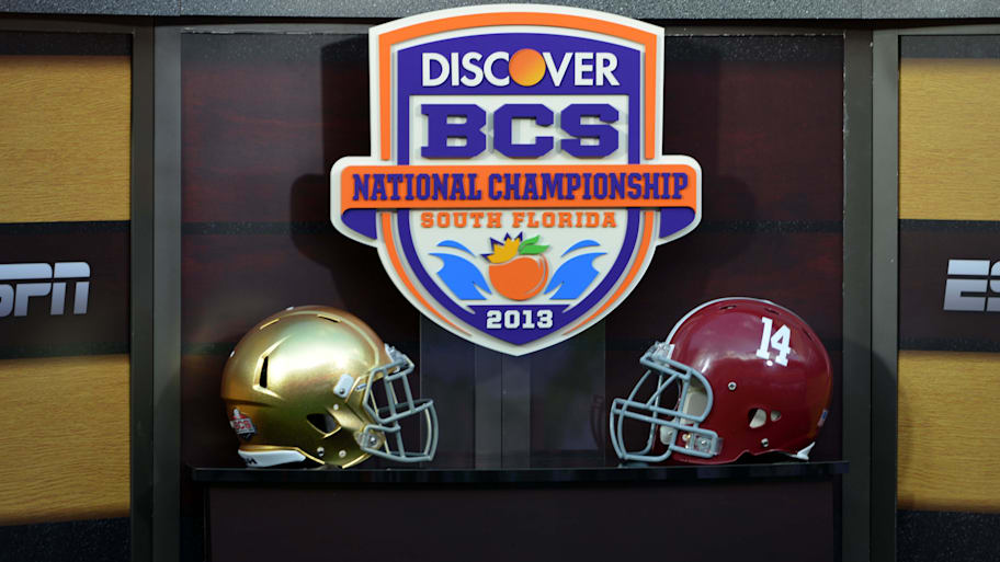 Notre Dame and Alabama helmets surround the BCS logo in Jan. 2013.
