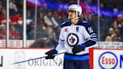 Oct 4, 2024; Calgary, Alberta, CAN; Winnipeg Jets center Mark Scheifele (55) during the first period against the Calgary Flames at Scotiabank Saddledome. Mandatory Credit: Sergei Belski-Imagn Images