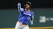 Jul 13, 2024; Arlington, TX, USA;  National League Future infielder Cam Collier (23) reacts after hitting a home run during the third inning against the National League Future team during the Major league All-Star Futures game at Globe Life Field.  Mandatory Credit: Kevin Jairaj-Imagn Images