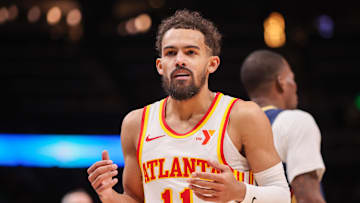 Atlanta Hawks guard Trae Young reacts after a foul call against the New Orleans Pelicans in the fourth quarter at State Farm Arena