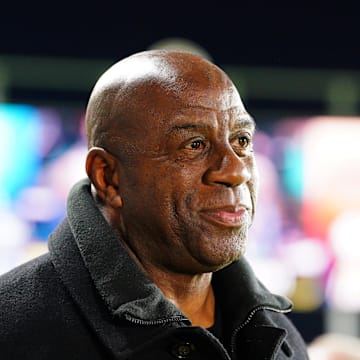 Nov 23, 2024; Kansas City, Missouri, USA; Magic Johnson attends the 2024 NWSL Championship match at CPKC Stadium. Mandatory Credit: Denny Medley-Imagn Images