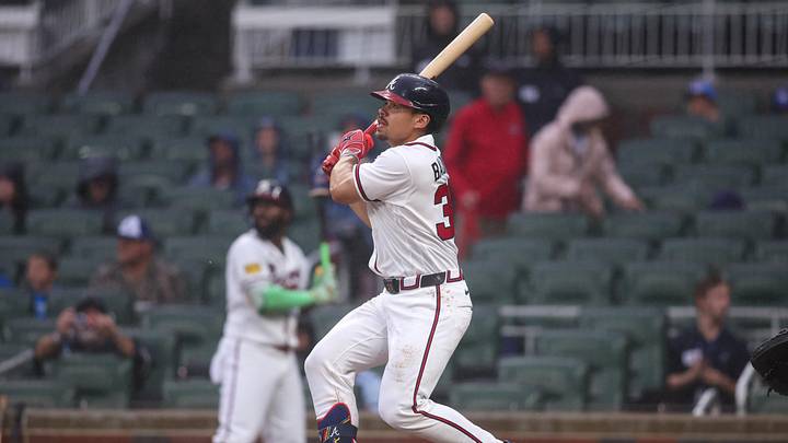 Jun 16, 2026; Atlanta, Georgia, USA; Atlanta Braves catcher Drake Baldwin (30) hits a home run against the San Francisco Giants in the first inning at Truist Park. Mandatory Credit: Brett Davis-Imagn Images
