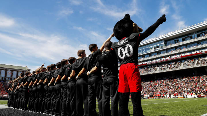 Sep 23, 2023; Cincinnati, Ohio, USA; The Cincinnati Bearcats mascot stands on the field during the playing of the Alma Mater prior to the game against the Oklahoma Sooners at Nippert Stadium. Mandatory Credit: Katie Stratman-USA TODAY Sports