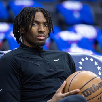 May 2, 2024; Philadelphia, Pennsylvania, USA; Philadelphia 76ers guard Tyrese Maxey before game six of the first round for the 2024 NBA playoffs against the New York Knicks at Wells Fargo Center. Mandatory Credit: Bill Streicher-USA TODAY Sports