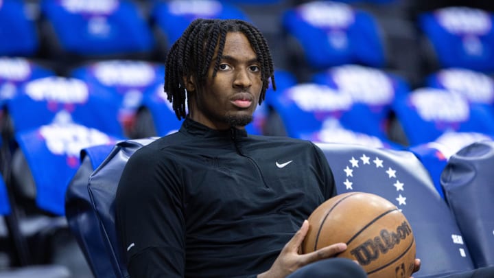 May 2, 2024; Philadelphia, Pennsylvania, USA; Philadelphia 76ers guard Tyrese Maxey before game six of the first round for the 2024 NBA playoffs against the New York Knicks at Wells Fargo Center. Mandatory Credit: Bill Streicher-USA TODAY Sports