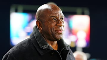 Nov 23, 2024; Kansas City, Missouri, USA; Magic Johnson attends the 2024 NWSL Championship match at CPKC Stadium. Mandatory Credit: Denny Medley-Imagn Images
