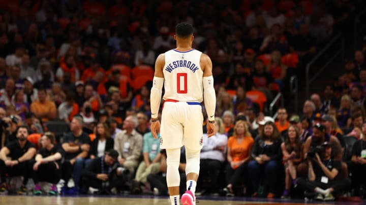 Apr 25, 2023; Phoenix, Arizona, USA; Los Angeles Clippers guard Russell Westbrook (0) against the Phoenix Suns during the first half in game five of the 2023 NBA playoffs at Footprint Center.