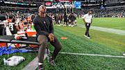 Aug 17, 2023; Philadelphia, Pennsylvania, USA; Cleveland Browns defensive end Myles Garrett (95) on the sidelines against the Philadelphia Eagles at Lincoln Financial Field. Mandatory Credit: Eric Hartline-Imagn Images