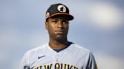 Oct 22, 2022; Phoenix, Arizona, USA; Milwaukee Brewers infielder Zavier Warren plays for the Glendale Desert Dogs during an Arizona Fall League baseball game at Phoenix Municipal Stadium. Mandatory Credit: Mark J. Rebilas-Imagn Images
