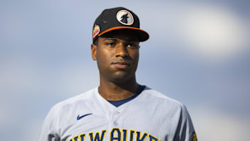 Oct 22, 2022; Phoenix, Arizona, USA; Milwaukee Brewers infielder Zavier Warren plays for the Glendale Desert Dogs during an Arizona Fall League baseball game at Phoenix Municipal Stadium. Mandatory Credit: Mark J. Rebilas-Imagn Images