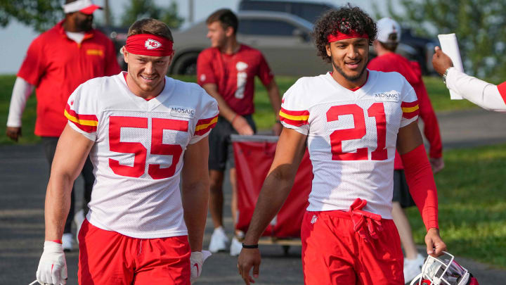 Jul 22, 2024; St. Joseph, MO, USA; Kansas City Chiefs linebacker Swayze Bozeman (55) and safety Jaden Hicks (21) and safety Chamarri Conner (27) walk down the hill from the locker room to the fields prior to training camp at Missouri Western State University. Mandatory Credit: Denny Medley-USA TODAY Sports