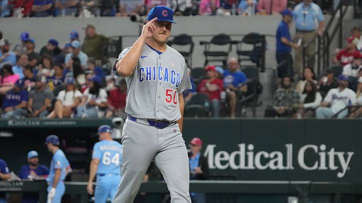May 10, 2026; Arlington, Texas, USA;  Chicago Cubs pitcher Jameson Taillon (50) gestures to the crowd as he is taken out of the game during the sixth inning against the Texas Rangers at Globe Life Field. Mandatory Credit: Raymond Carlin III-Imagn Images