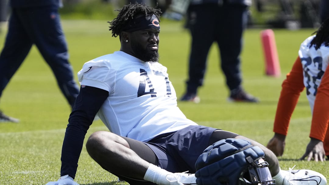 May 10, 2025; Lake Forest, IL, USA; Chicago Bears linebacker (47) Ruben Hyppolite III participates in rookie minicamp at Halas Hall. Mandatory Credit: David Banks-Imagn Images