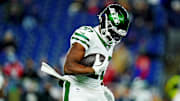 Nov 13, 2025; Foxborough, Massachusetts, USA; New York Jets running back Breece Hall (20) warms up before the game against the New England Patriots at Gillette Stadium. 