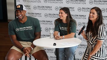 AJ and Gabrielle Dillon answer questions about their new charity initiative, ÒCarry for a Cause,Ó on Wednesday, September 11, 2024, at the U.S. Venture Center in Ashwaubenon, Wis. The Dillon Family Foundation is pledging to donate a backpack of food to a child in need for each yard that Packers players rush for during home games in the 2024 season.
Tork Mason/USA TODAY NETWORK-Wisconsin