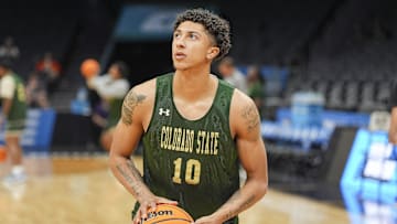 Mar 20, 2024; Charlotte, NC, USA; (Editors Notes: Caption Correction) Colorado State Rams guard Nique Clifford (10) warms up during the NCAA first round practice session at Spectrum Center. Mandatory Credit: Jim Dedmon-USA TODAY Sports
