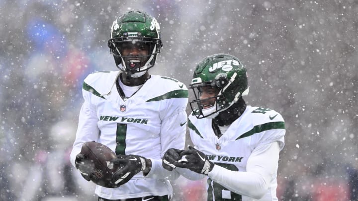 Jan 7, 2024; Foxborough, Massachusetts, USA; New York Jets cornerback Sauce Gardner (1) talks with wide receiver Randall Cobb (18) before a game against the New England Patriots at Gillette Stadium. Mandatory Credit: Brian Fluharty-USA TODAY Sports