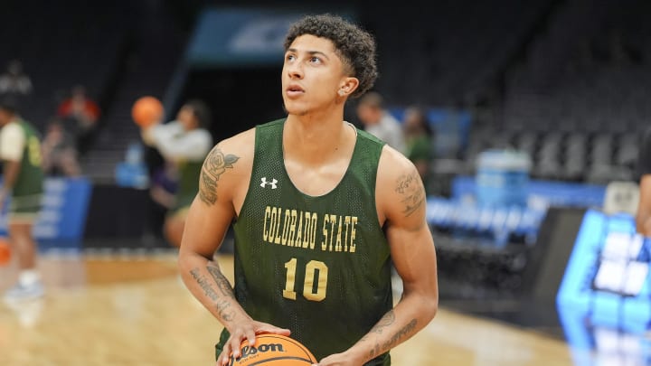 Mar 20, 2024; Charlotte, NC, USA; (Editors Notes: Caption Correction) Colorado State Rams guard Nique Clifford (10) warms up during the NCAA first round practice session at Spectrum Center. Mandatory Credit: Jim Dedmon-USA TODAY Sports