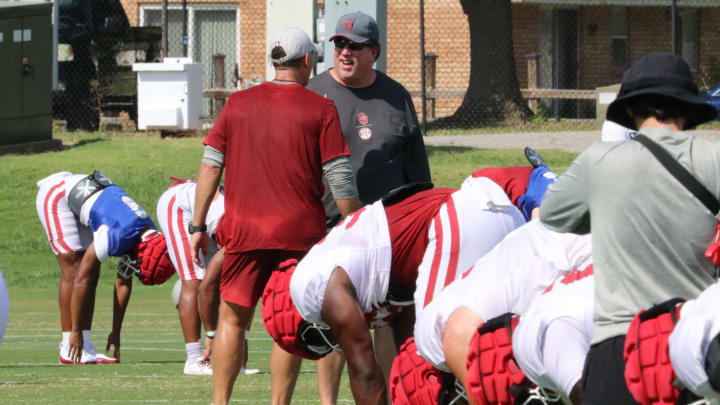 Oklahoma offensive line coach Bill Bedenbaugh before one of the Sooners' practices during fall camp.