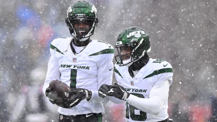 Jan 7, 2024; Foxborough, Massachusetts, USA; New York Jets cornerback Sauce Gardner (1) talks with wide receiver Randall Cobb (18) before a game against the New England Patriots at Gillette Stadium. Mandatory Credit: Brian Fluharty-USA TODAY Sports