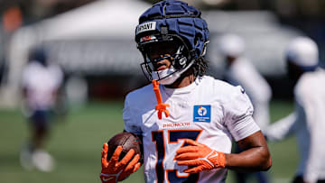 Jul 23, 2025; Englewood, CO, USA; Denver Broncos wide receiver Pat Bryant (13) during Denver Broncos Training Camp. Mandatory Credit: Isaiah J. Downing-Imagn Images