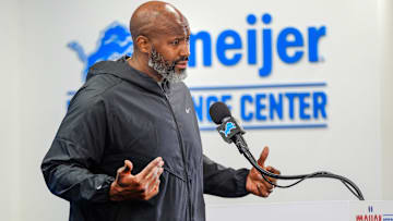 Detroit Lions Executive Vice President & General Manager Brad Holmes speaks to the press about their season, how it ended and what’s next at the Detroit Lions headquarters and training facility in Allen Park, Mich., Thursday, Jan. 23, 2025.