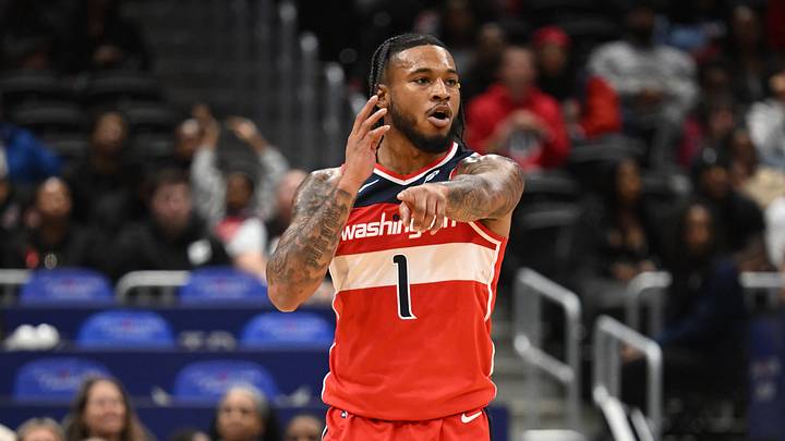 Oct 26, 2025; Washington, District of Columbia, USA; Washington Wizards forward Cam Whitmore (1) reacts after a play against the Charlotte Hornets during the first quarter at Capital One Arena. Mandatory Credit: Rafael Suanes-Imagn Images