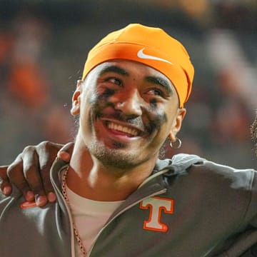 Tennessee quarterback Nico Iamaleava (8) smiles after a NCAA game between Tennessee and Kent State in Neyland Stadium in Knoxville on Saturday, Sept. 14, 2024.