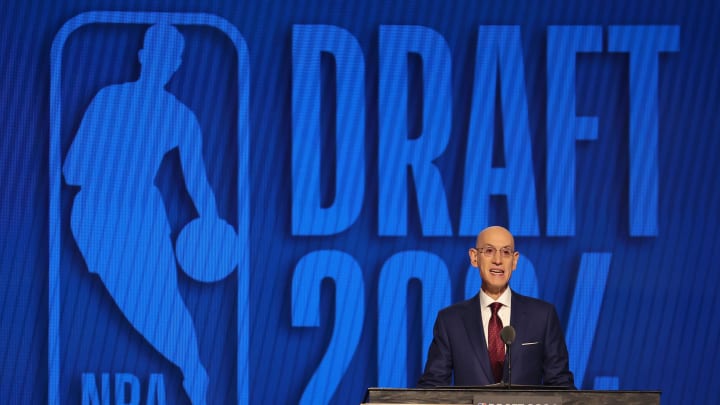 Jun 26, 2024; Brooklyn, NY, USA; NBA commissioner Adam Silver speaks before the first round of the 2024 NBA Draft at Barclays Center. Mandatory Credit: Brad Penner-USA TODAY Sports