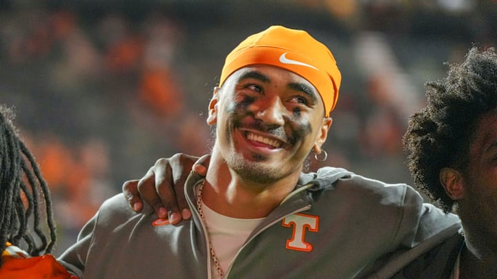 Tennessee quarterback Nico Iamaleava (8) smiles after a NCAA game between Tennessee and Kent State in Neyland Stadium in Knoxville on Saturday, Sept. 14, 2024.