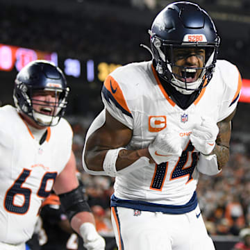 CINCINNATI, OH - DECEMBER 28: Denver Broncos Wide Receiver Courtland Sutton (14) reacts after catching a pass for a touchdown during the NFL, American Football Herren, USA football game between the Denver Broncos and the Cincinnati Bengals on December 28, 2024, at Paycor Stadium in Cincinnati, Ohio. 